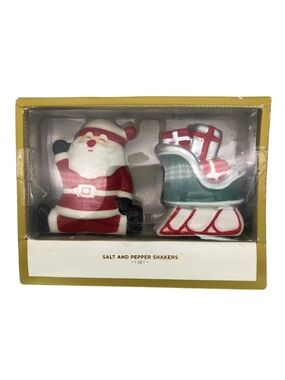 Earthenware Salt Pepper Shakers for Christmas - Santa Claus & Sleigh NEW IN BOX